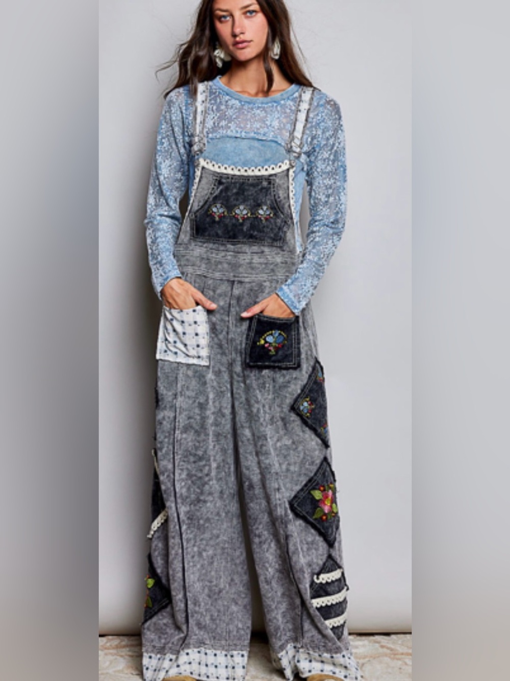 POL Grayish Black Wide-Leg Embroidered Overalls Jeans - Women's